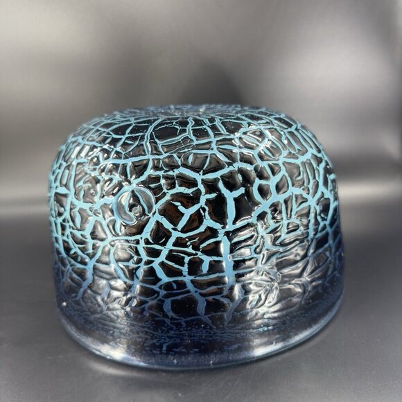 1987 Hand Blown Art Glass Large Bowl Dish Lava Glaze Finish Blue Black Signed - Picture 16 of 16